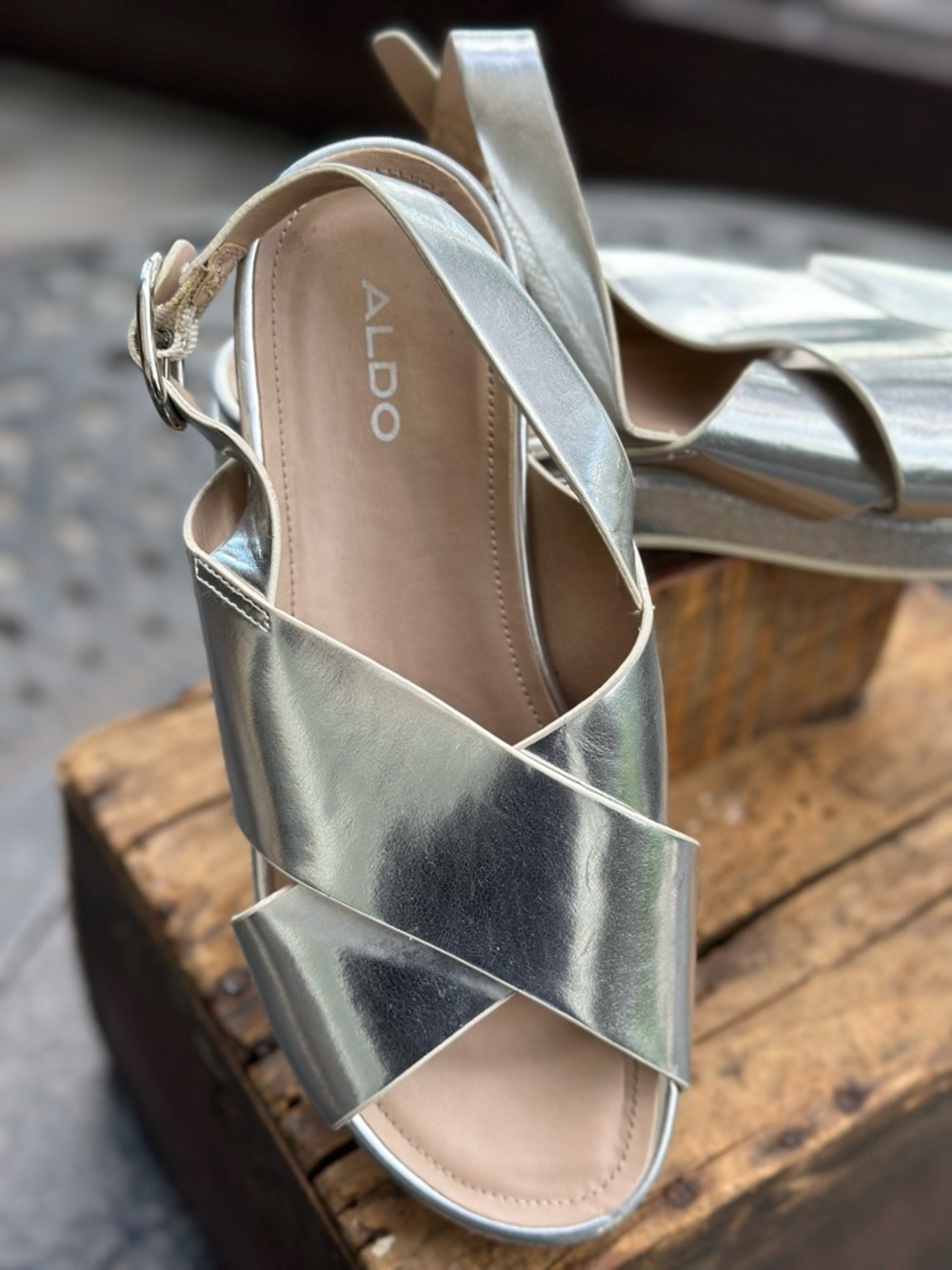 ALDO Metallic Silver Platform Sandals Criss Cross Slingback Summer Shoes